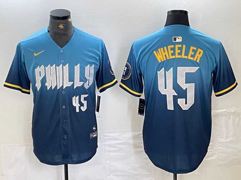 Men%27s Philadelphia Phillies #45 Zack Wheeler Blue 2024 City Player Number Cool Base Stitched Jersey->philadelphia phillies->MLB Jersey